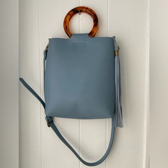 Anthropologie Blue Bag with Tortoise Handle & Fringe - Picture 9 of 11